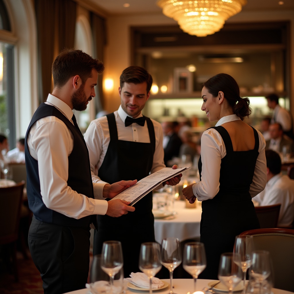 Restaurant team leaders coordinating service flow during busy dinner service period