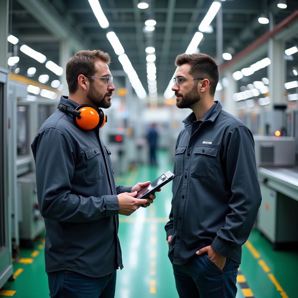 Production supervisor managing shift handover in manufacturing environment