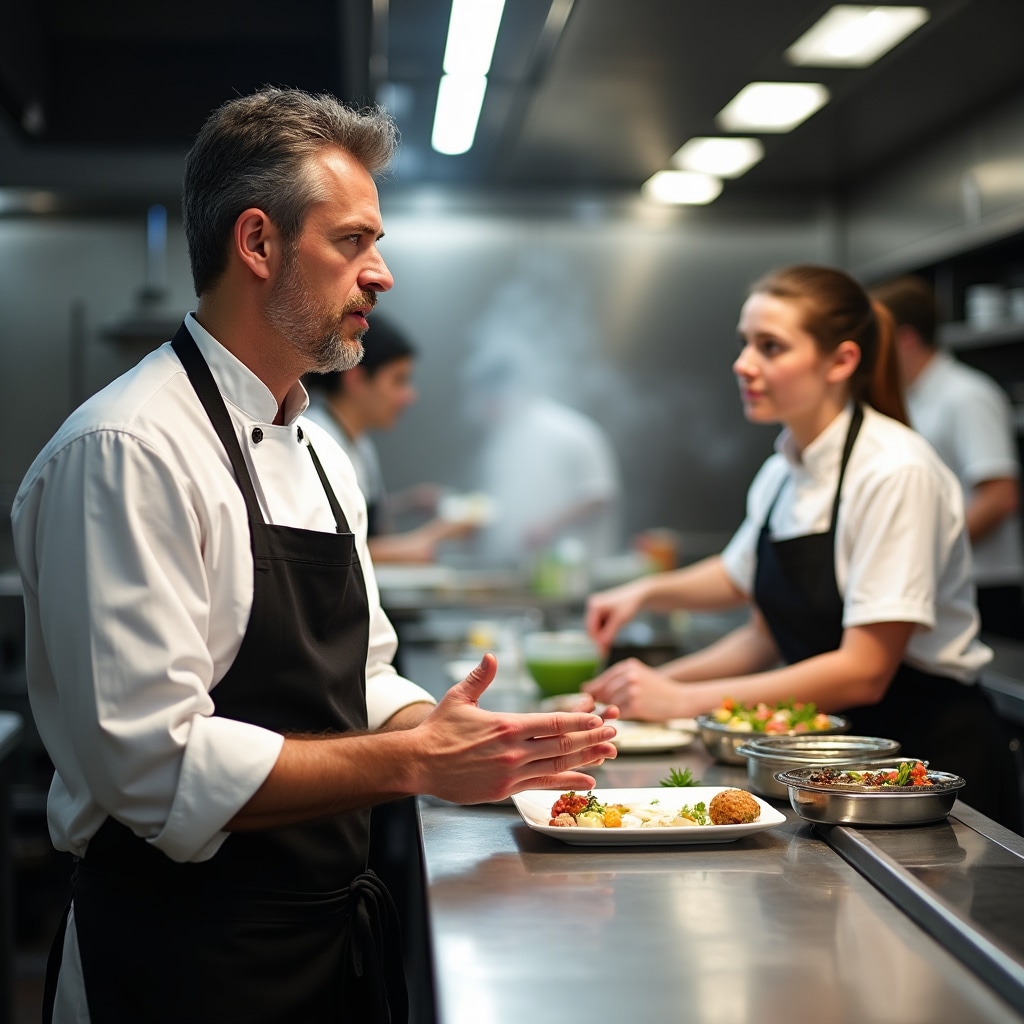 Restaurant manager providing constructive feedback to kitchen staff during service