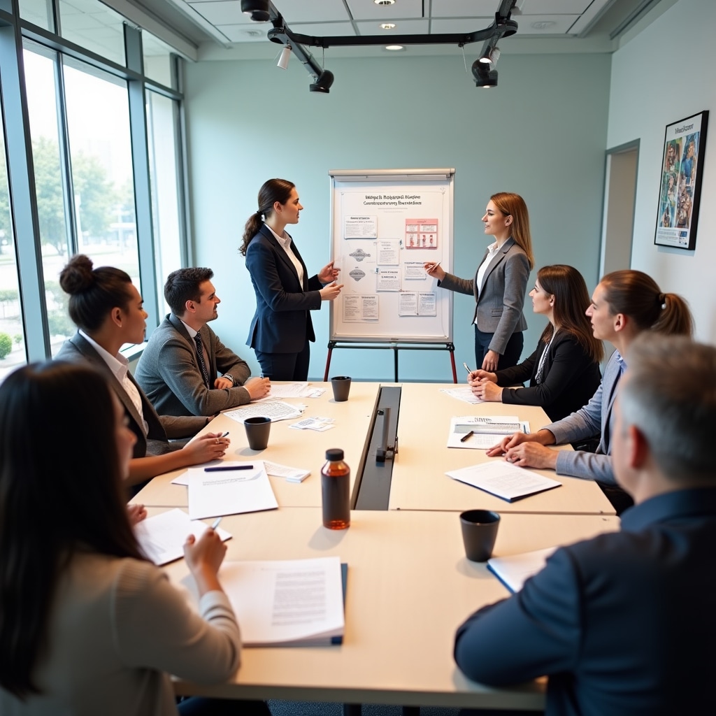 Interactive retail training session with supervisors practicing real customer service scenarios