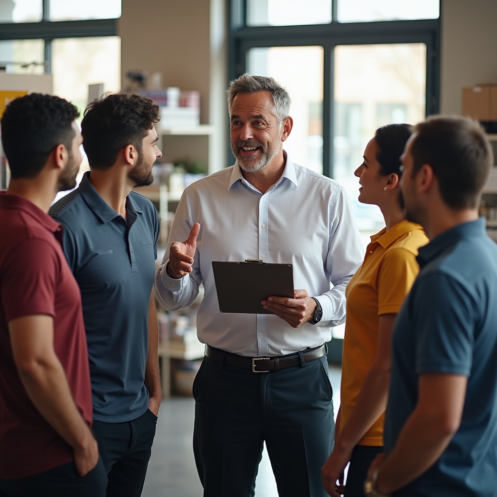 Shift supervisor conducting morning team briefing with diverse crew in retail environment