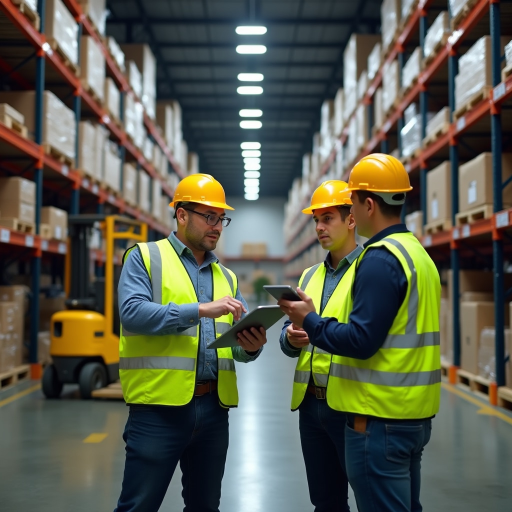 Team lead coordinating logistics operations in modern warehouse facility